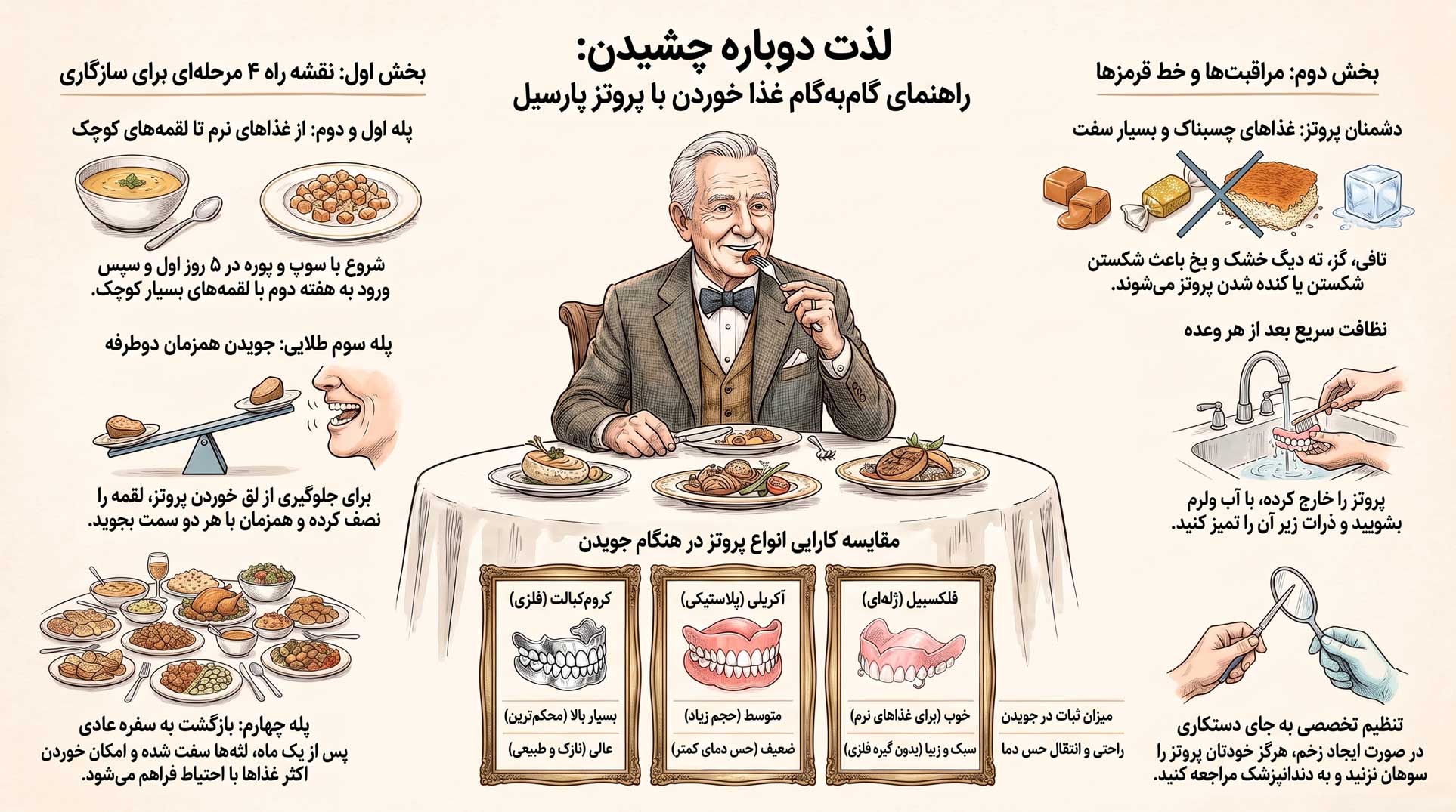 آموزش مرحله‌به‌مرحله تغذیه پروتز تکه ای: از غذاهای نرم تا سفره‌های رنگین